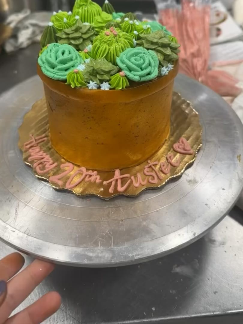 Round cake topped with green frosting succulents